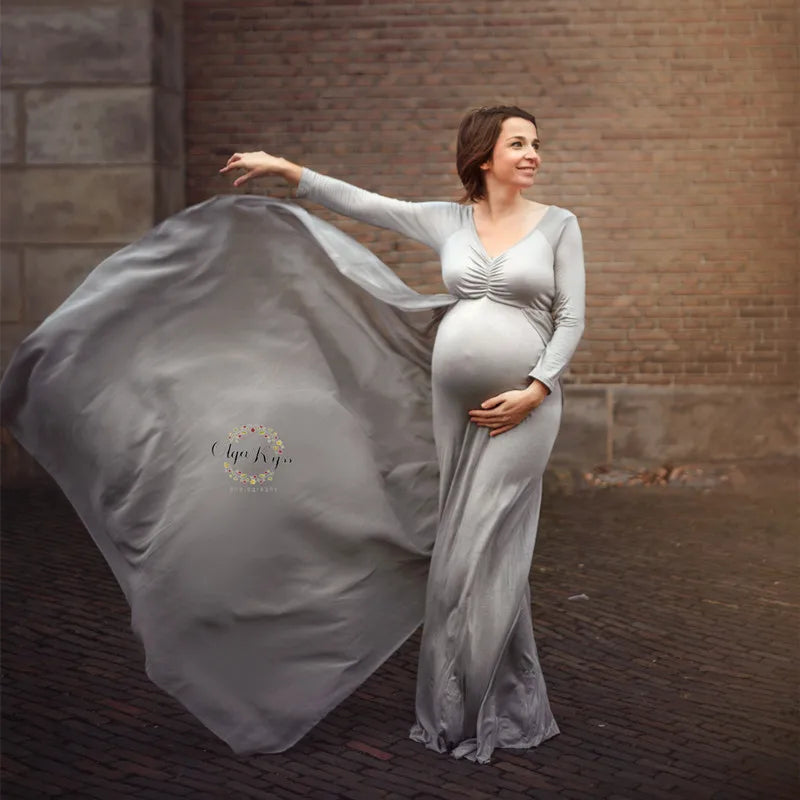 SHOWLU chiffon maternity baby shower dress with V-neck and long sleeves, elegant gown for expecting mothers.