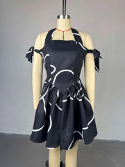 Summer Women Bowknot Shoulder Halter Neck Geometric Striped Big Swing Dress Streetwear Night Club Party Dresses Vestidos 2025