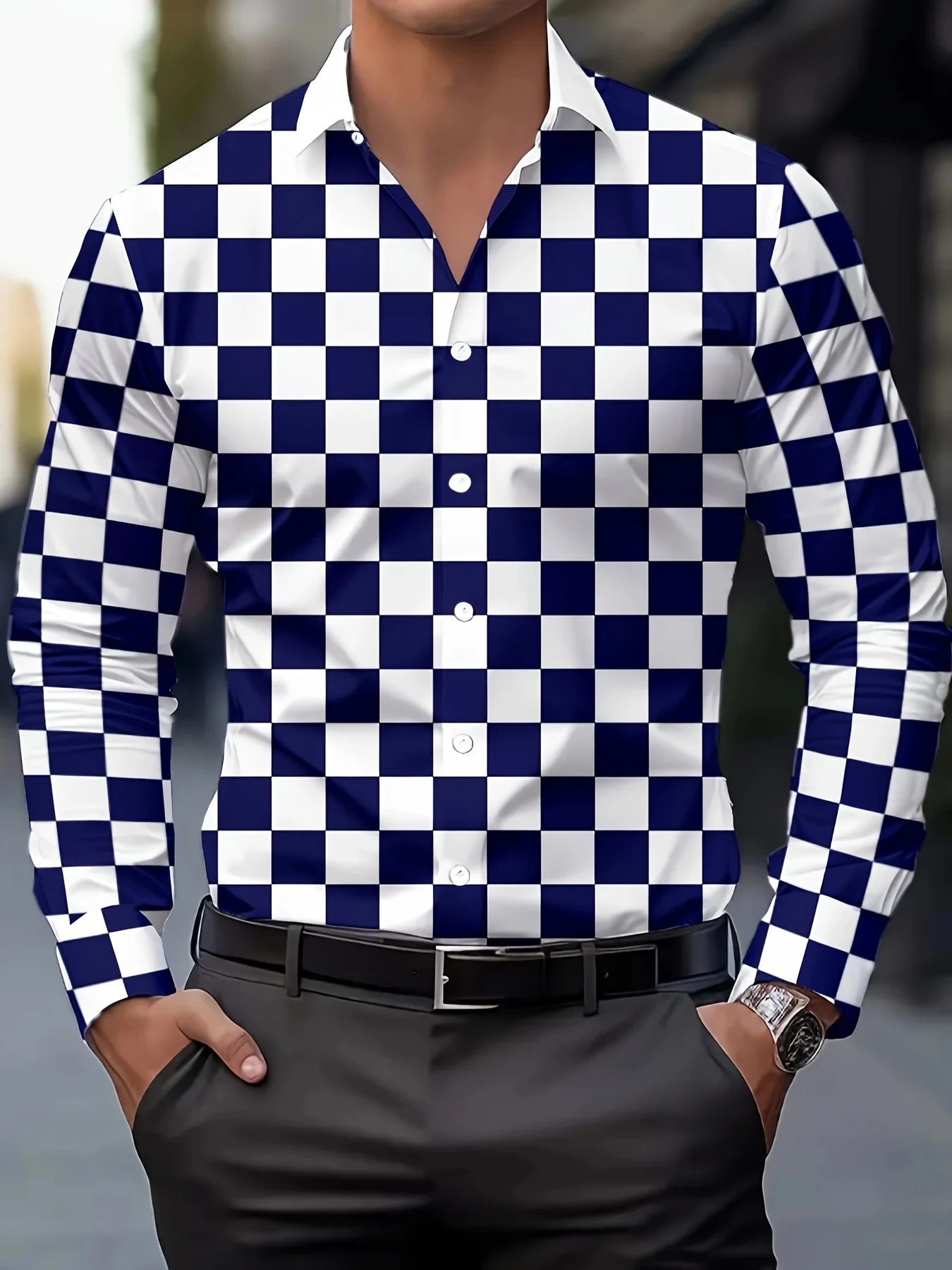Men's stylish casual long sleeve shirt by Showlu Fashion, breathable fabric, gradient design, turn-down collar, ideal for business or casual wear.