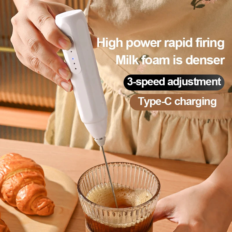 Showlu Smart General portable mini electric milk frother with 3-speed settings, handheld design, rechargeable battery, for creamy coffee froth.