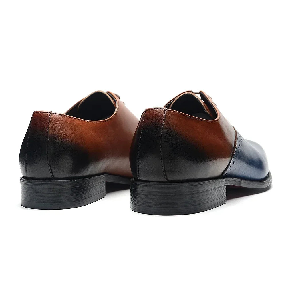 Brown and blue genuine leather men's wedding dress shoes with pointed toe, lace-up oxfords for formal and dinner occasions.