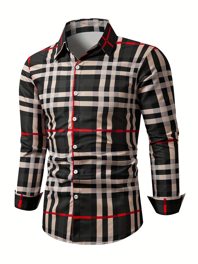 Men's long sleeve shirt with square stripe 3D print, casual animal pattern, button-down design, autumn fashion from Showlu Fashion.