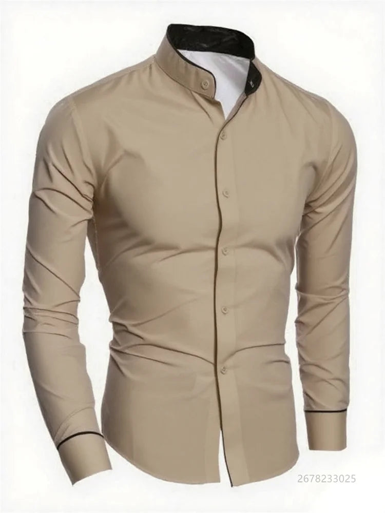 Men's slim fit white long sleeve social shirt by Showlu Fashion Store, high-quality soft fabric, perfect for business casual wear.