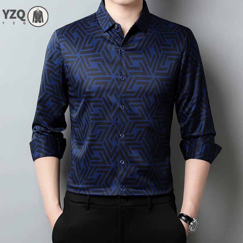 Men's casual printed long-sleeve lapel shirt by Showlu Fashion, lightweight, comfortable, wrinkle-free spring and autumn top.
