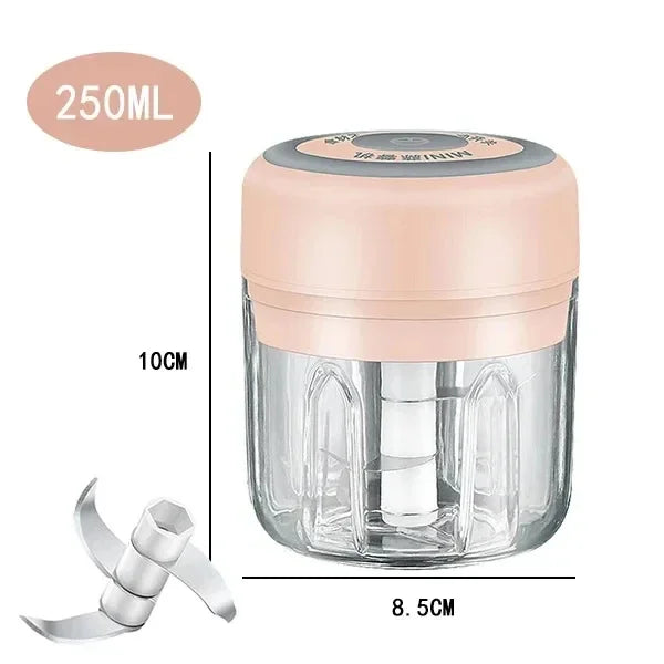 Mini electric garlic grinder by Showlu Smart General with stainless steel blades and compact design for easy garlic crushing.