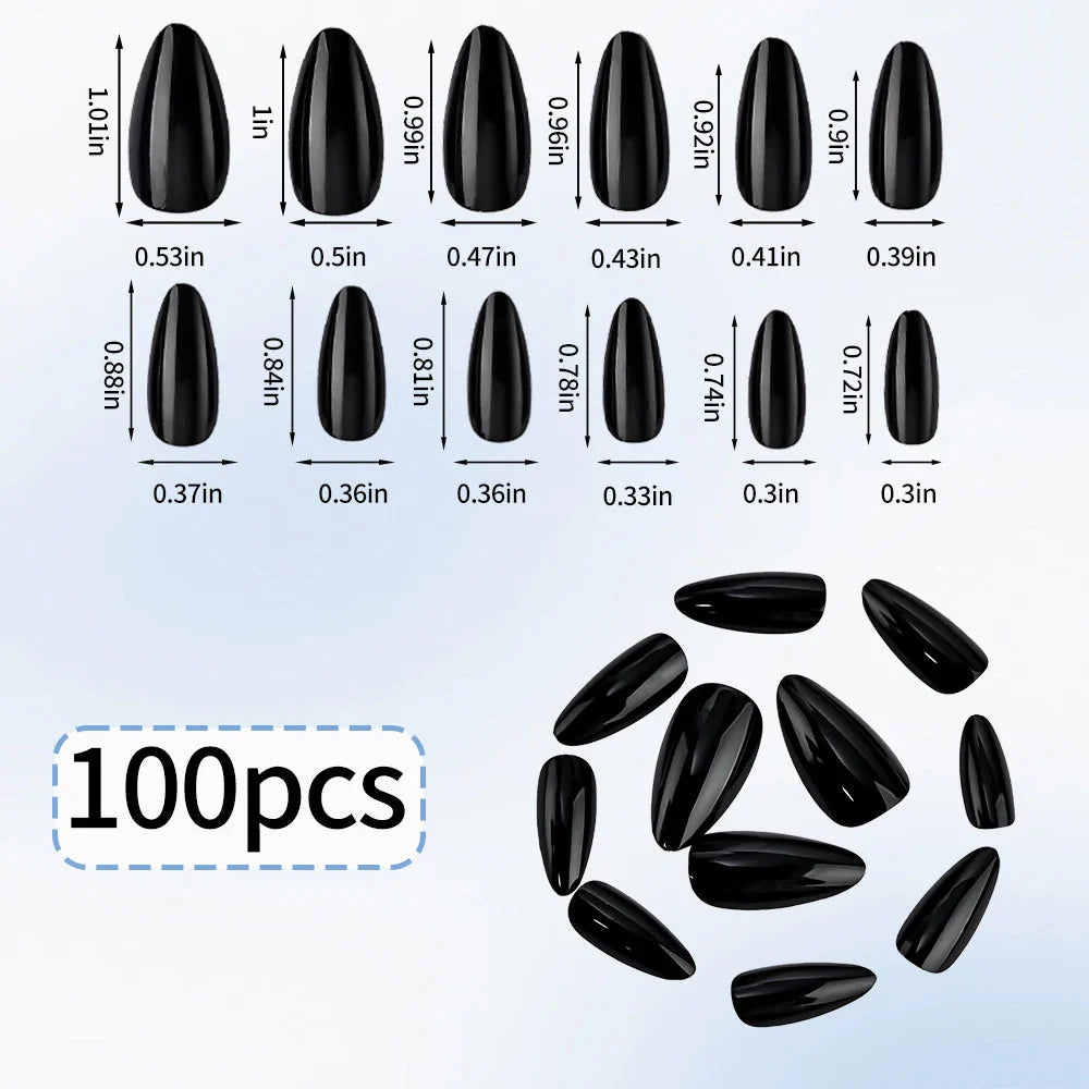 Black matte almond press-on nails by MAFANAILS, medium acrylic tips, shown on a hand for a stylish, natural look.