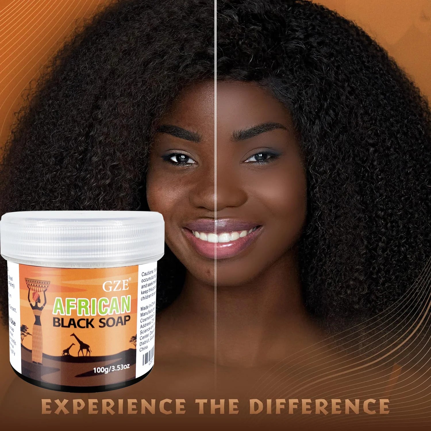 African Black Soap GZE 3-in-1 cleanser for face, hair, and body showing a bar soap with natural ingredients and moisturizing texture.