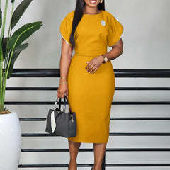 Elegant Dresses for Woman 2025 Summer New O Neck Short Sleeve Solid Sheath Package Hips Mid Calf Formal Business Work Dress Midi