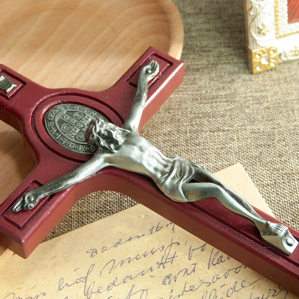 Handmade Catholic wood crucifix with Jesus and St. Benedict medal, 4.3 inches, ideal for religious car decor or home prayer altar.