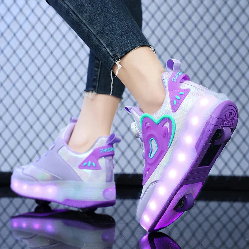 SHOWLU Kids LED roller skate shoes with luminous soles and USB charging, designed for children’s fun and active play.