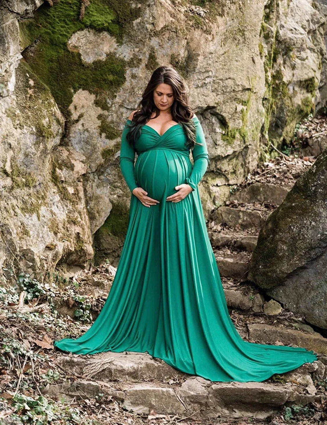 Elegant white silk-cotton blend maternity maxi dress with V-neck, train, and flared design, perfect for photoshoots and special occasions.