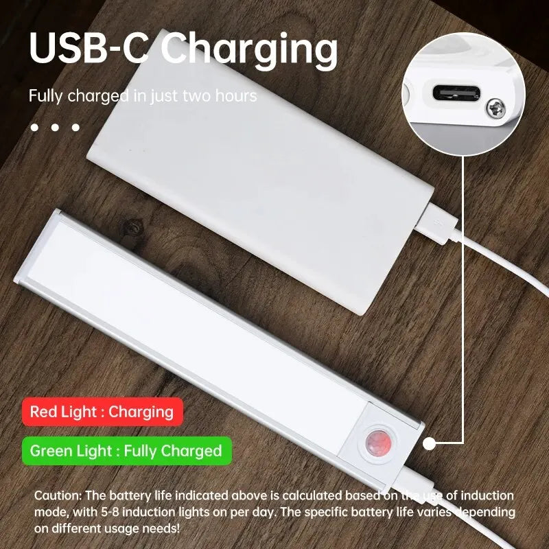 Pzsunly LED Motion Sensor Cabinet Light, 50cm USB rechargeable, sleek design for under-cabinet lighting with motion detection.