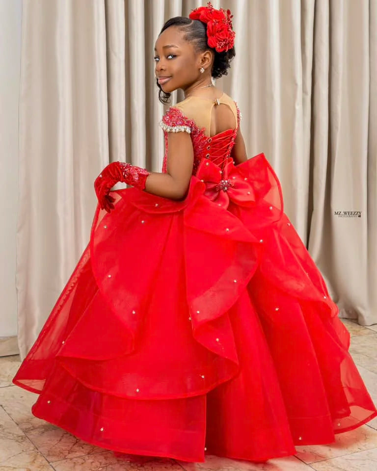 Custom red African flower girl princess birthday dress with floral details, sleeveless design, and tulle skirt by 1170uf-he