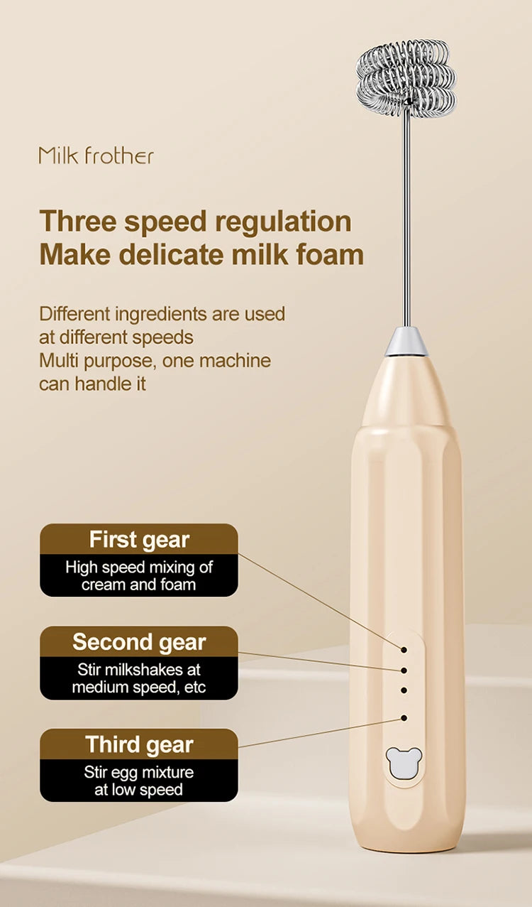 Showlu Smart General portable mini electric milk frother with 3-speed settings, handheld rechargeable device for coffee and milk foam.