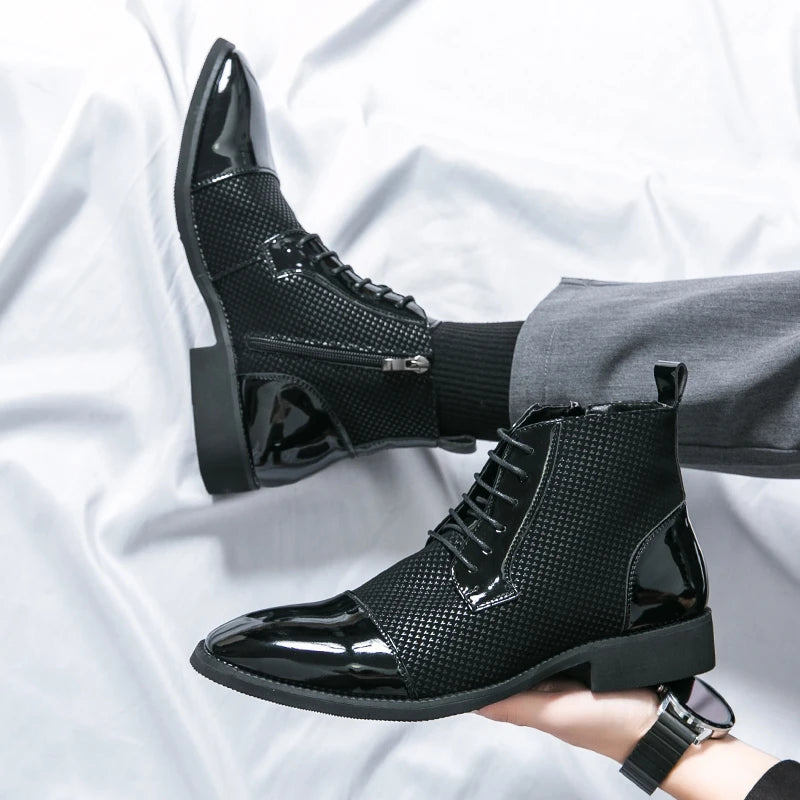 AXYG men's pointed toe ankle boots in luxury patchwork patent leather, stylish shoes from Showlu Fashion Store.