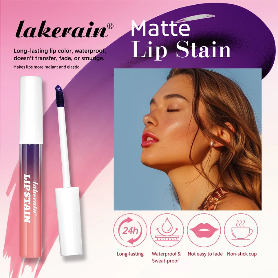 Showlu Smart General waterproof peel-off lip stain in deep red, applied to lips showing a glossy, vibrant finish.