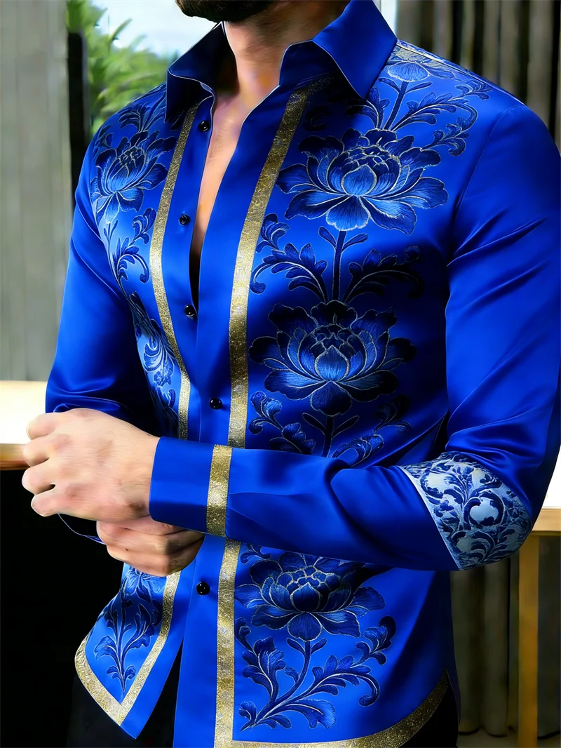 Men's 3D printed long sleeve shirt with colorful flower pattern, casual lapel top by Showlu Fashion Store.
