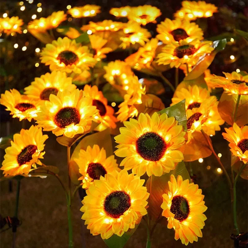 Showlu Smart General Solar Sunflower LED garden light with bright yellow petals and solar panel, ideal for outdoor decorative lighting.