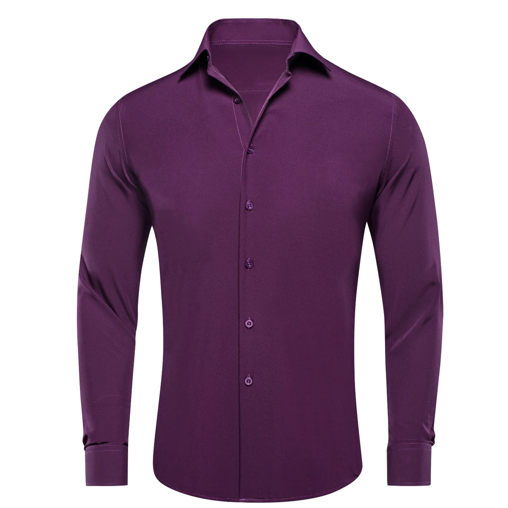 Long sleeve men's silk dress shirt with lapel in blue, mint, pink, purple, green, gray; stylish and suitable for formal occasions.