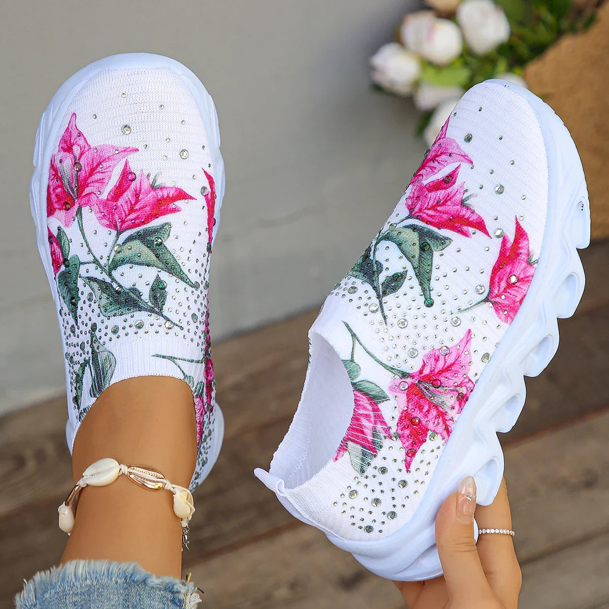 Rimocy women's floral crystal mesh slip-on sneakers with breathable design and floral pattern, stylish and comfortable flats.