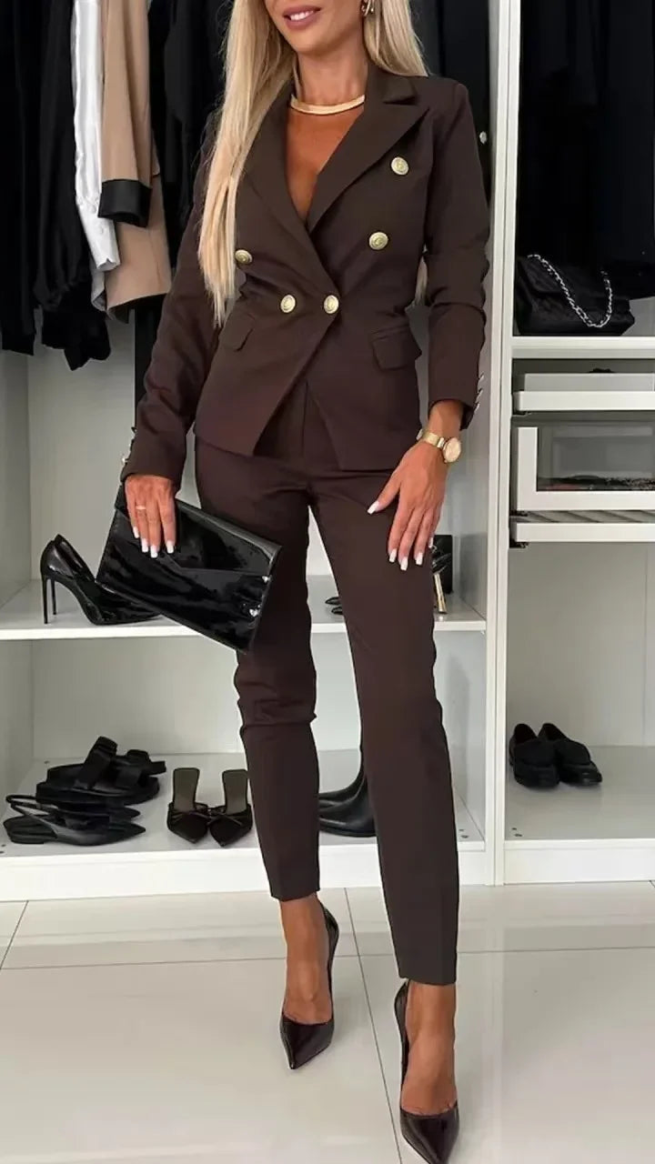 Women Office Smart Clothes Set 2pcs Blazer Double Breasted Button Solid Color Jacket & High Waist Slim Pencil Pants SHOWLU FASHION STORE