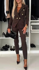Women Office Smart Clothes Set 2pcs Blazer Double Breasted Button Solid Color Jacket & High Waist Slim Pencil Pants SHOWLU FASHION STORE