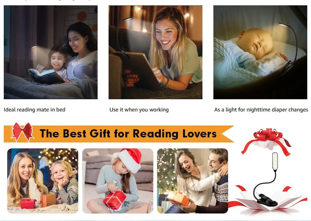 Showlu Smart General Claeted Rechargeable Clip Reading Light attached to a book for focused reading illumination