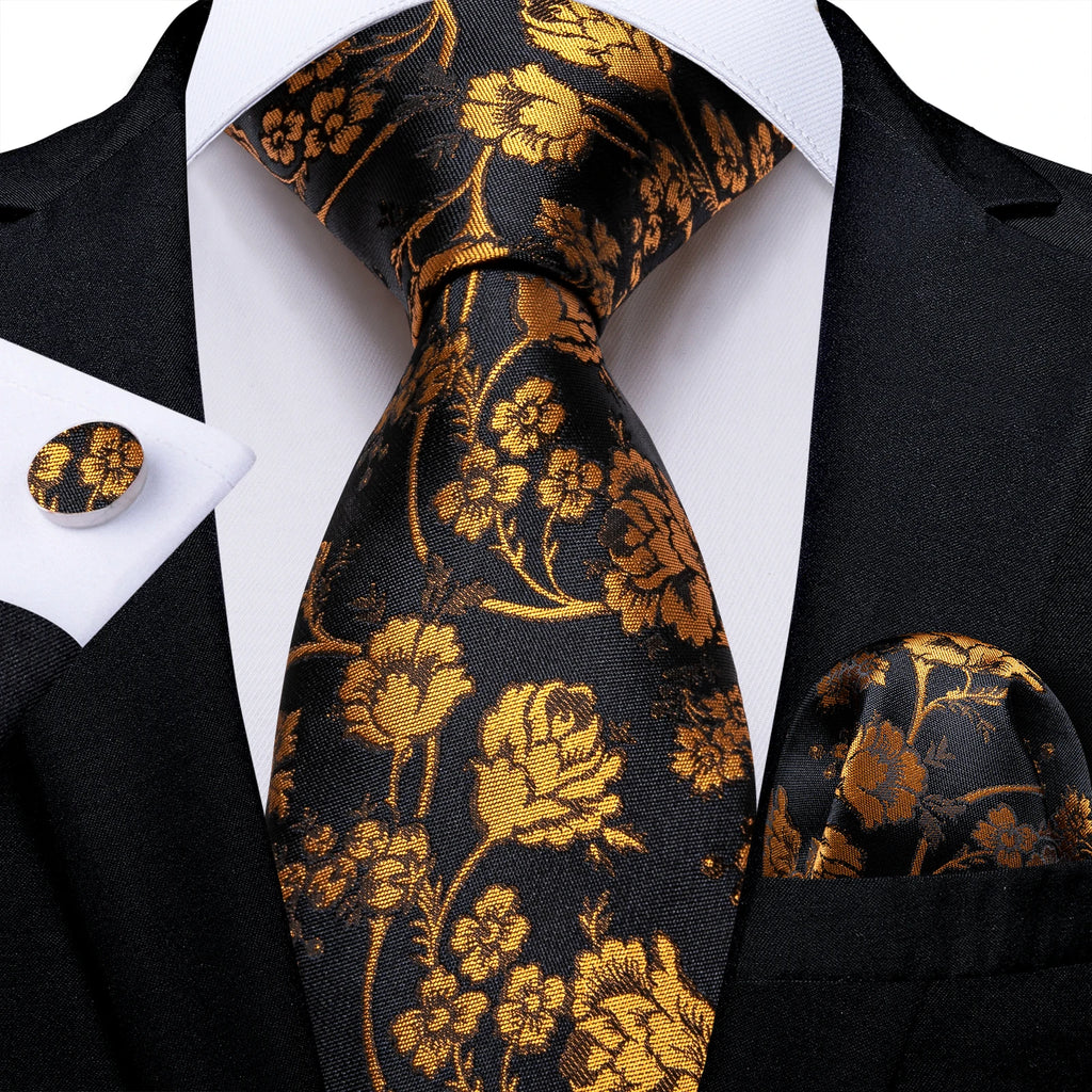 Gift Men Tie Luxury Gold Black Striped Paisley Silk Wedding Tie For Men DiBanGu Designer Hanky Cufflinks Fashion Tie Set