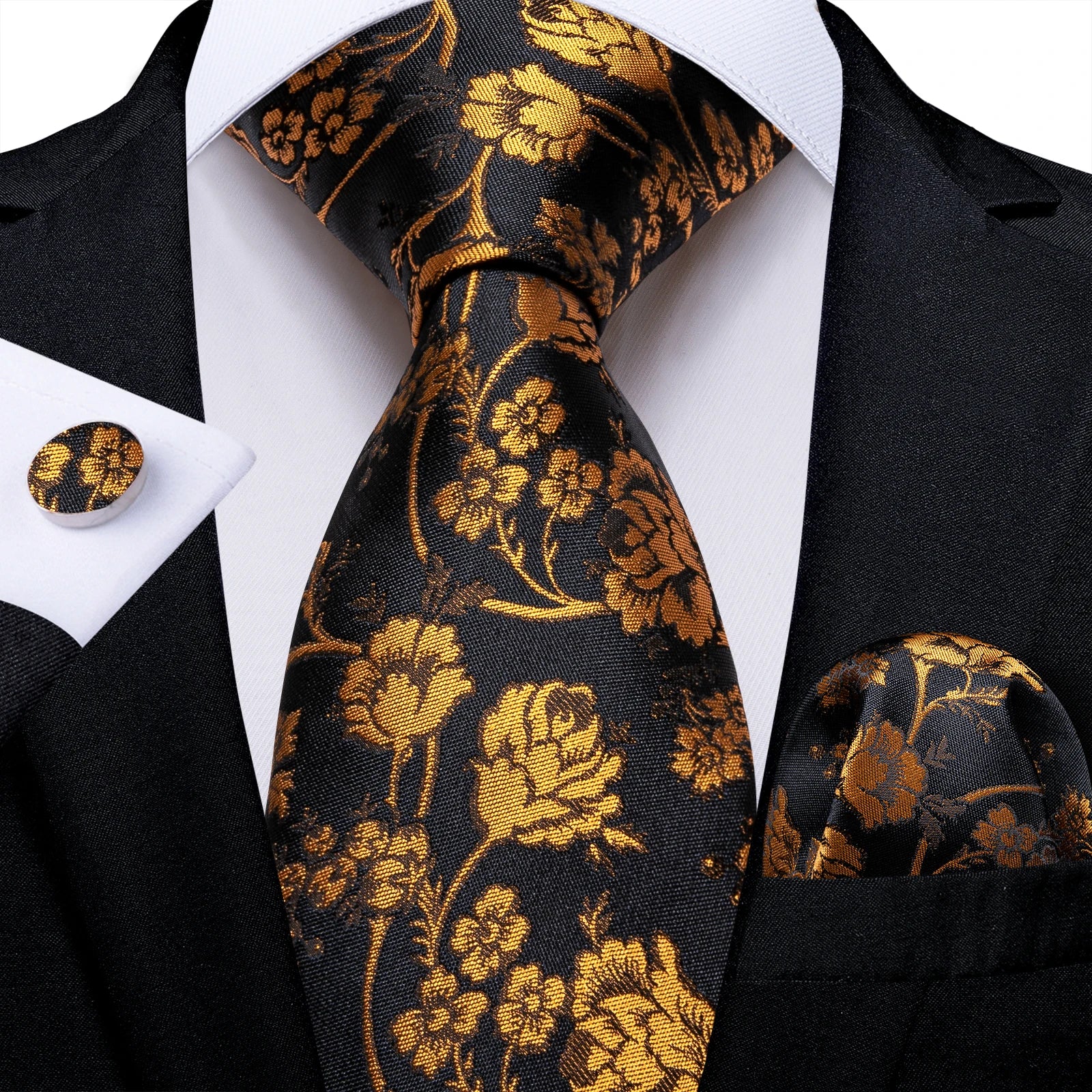 Gift Men Tie Luxury Gold Black Striped Paisley Silk Wedding Tie For Men DiBanGu Designer Hanky Cufflinks Fashion Tie Set