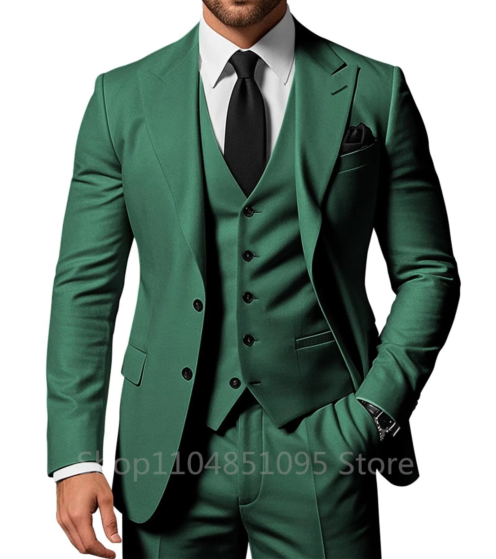 Three-piece men's wedding suit with peak lapel jacket, pants, and vest, formal tuxedo set by Showlu Fashion Store.