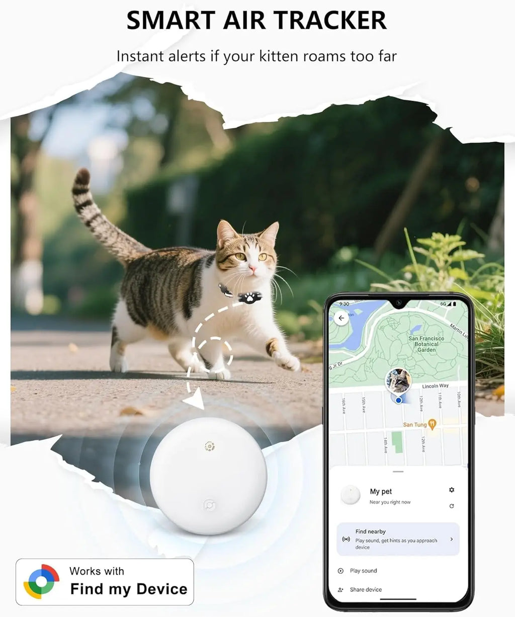 Bluetooth pet tracker for Android by Showlu Fashion Store, mini GPS cat collar locator with sleek design and adjustable collar.