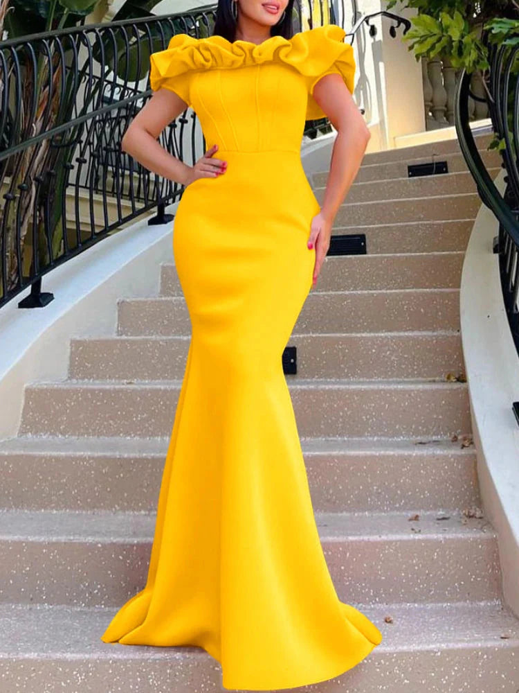 White off-shoulder ruched mermaid evening gown by SHOWLU FASHION STORE, elegant wedding guest dress with a fitted silhouette