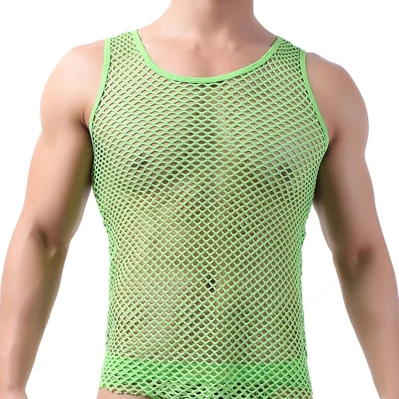 Men's breathable fashion tank top by Showlu with hollow-out mesh design, sleeveless undershirt, and lightweight sleeveless vest style.