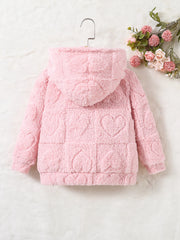 A pink hooded coat for girls featuring a textured heart pattern in soft fleece fabric.