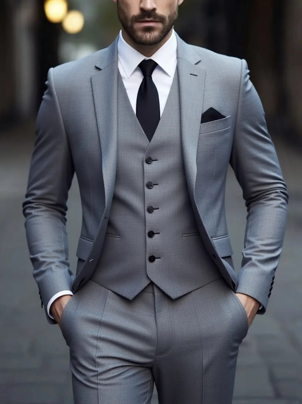 White slim fit men's 3-piece suit by Showlu Fashion, featuring a tailored jacket, vest, and trousers for business formal wear.