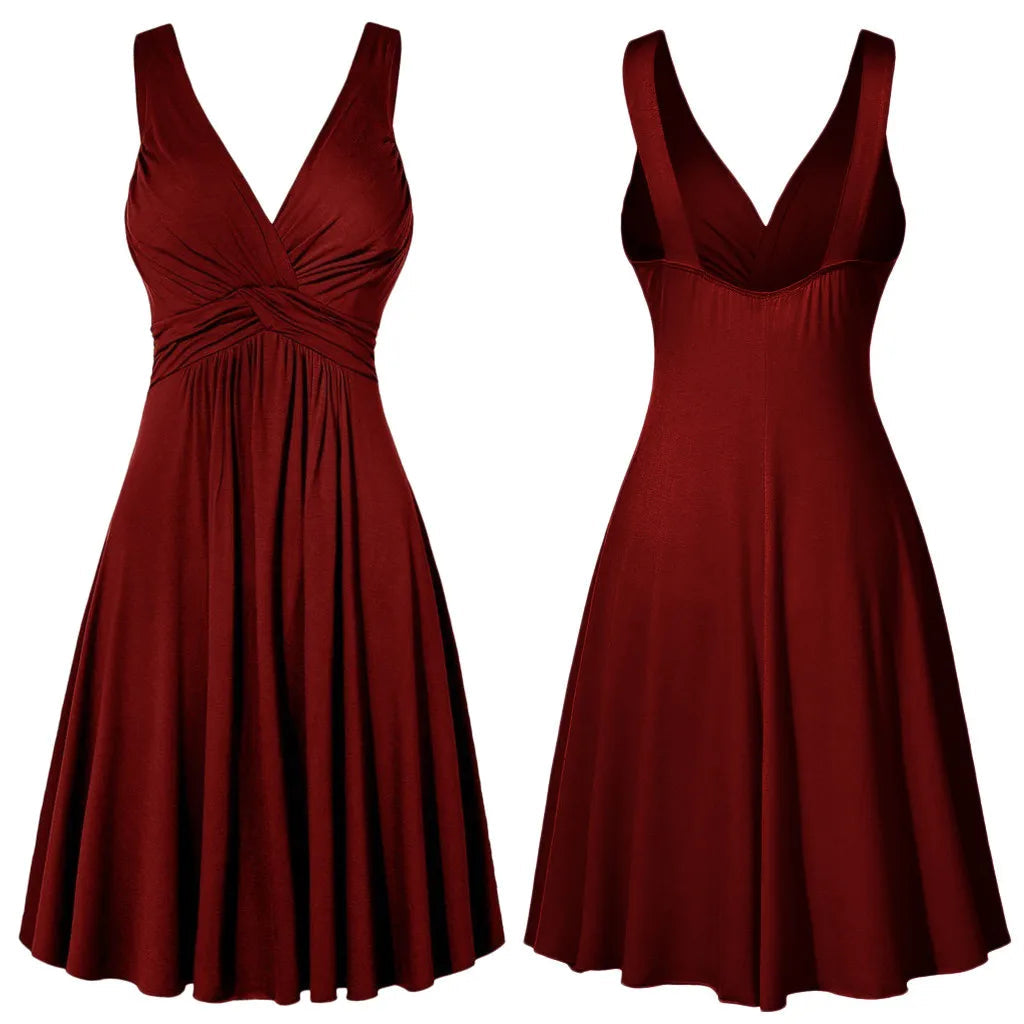 Plus Size Sling Pleated Slim Flare Skirt Dresses Women V-neck Cocktail Party Dress Gown Retro Vestidos de fiesta Female Sundress SHOWLU FASHION STORE
