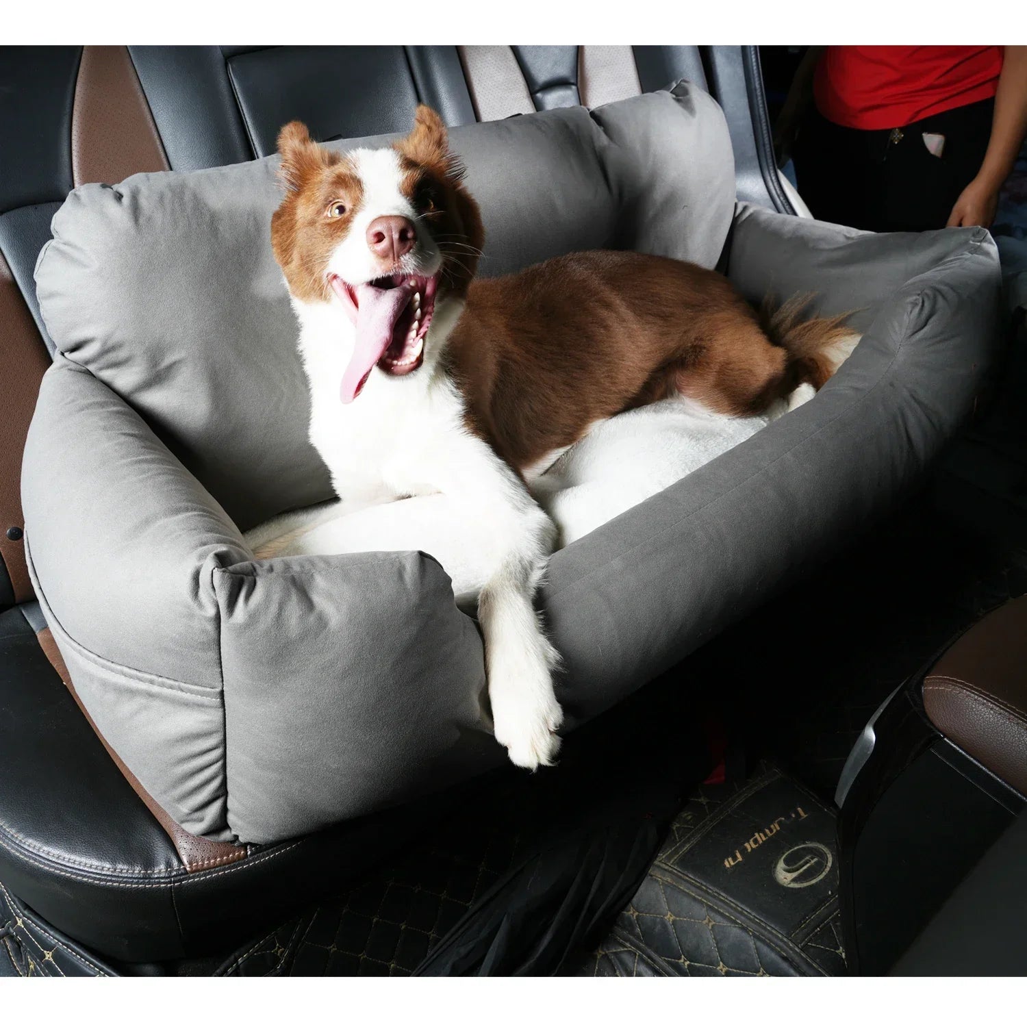 Large VOFORD suede dog car seat bed with bolster, providing a cozy travel carrier for pets in a comfortable, soft design