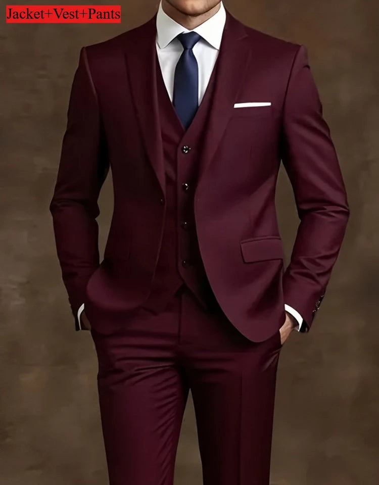 Black slim fit men's tuxedo suit set for weddings and formal events, featuring classic style and tailored fit by Showlu Fashion.