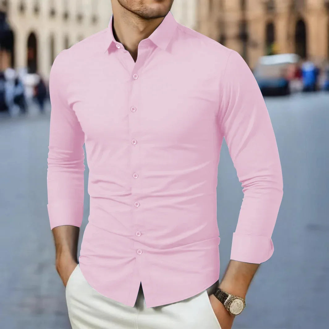 Men's business casual long sleeve solid color shirt by Showlu Fashion, wrinkle-resistant, comfortable all-season versatile top.