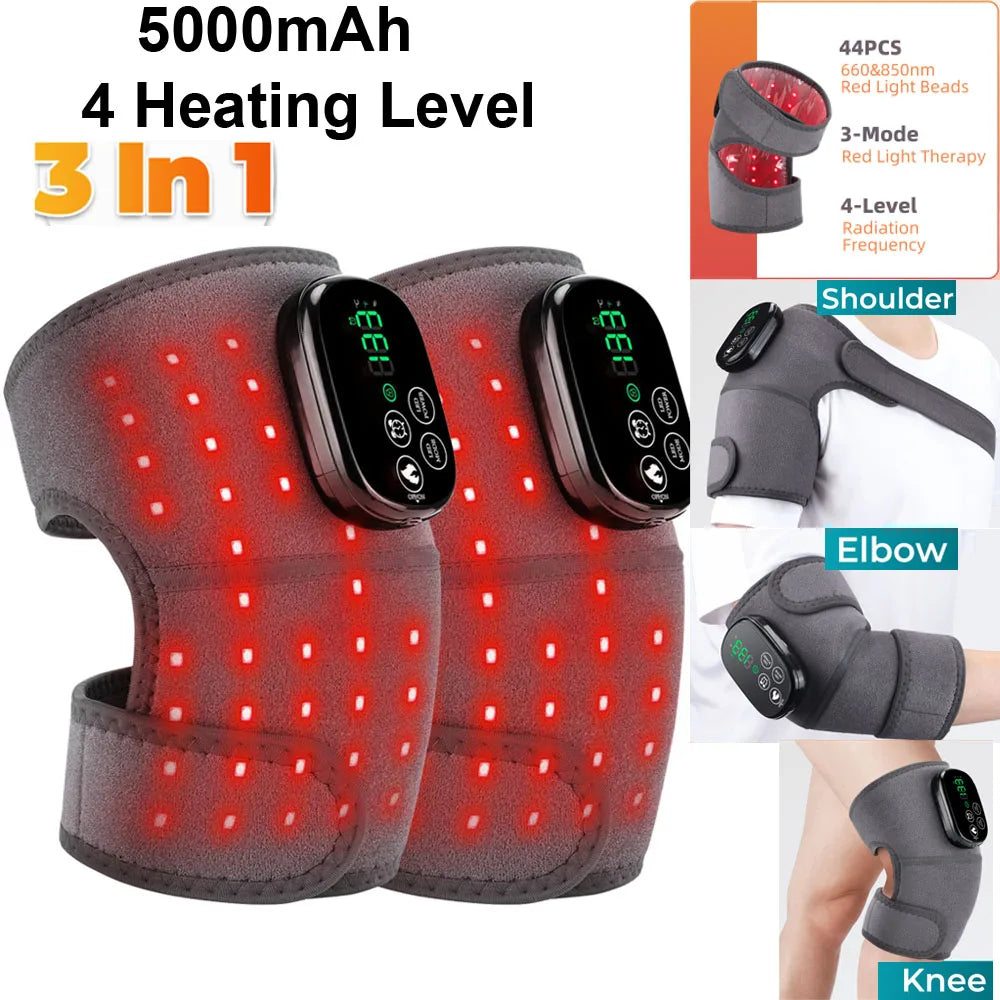 Red light knee and shoulder massager with heating support, 44pcs pads, rechargeable, for muscle relaxation and pain relief.