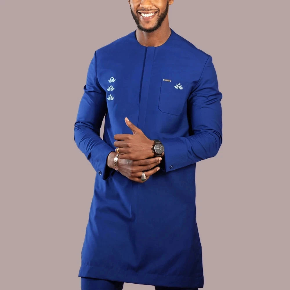 New In African Summer Business Men's Short Sleeve Suit Embroidery Dashiki Shirt Pants Sets 2 Pieces Outfits Wedding Party 2025