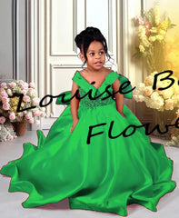 Red Flower Girl Dresses For Wedding Satin Beaded With Bow Floor Length Kids Birthday Party First Communion Ball Gown Customized