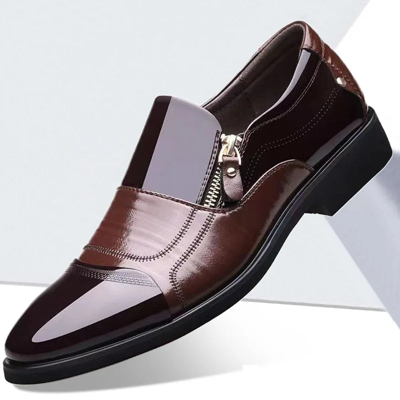 Men's black leather dress shoes by Showlu Fashion Store, waterproof pointed toe business flats, stylish formal footwear.