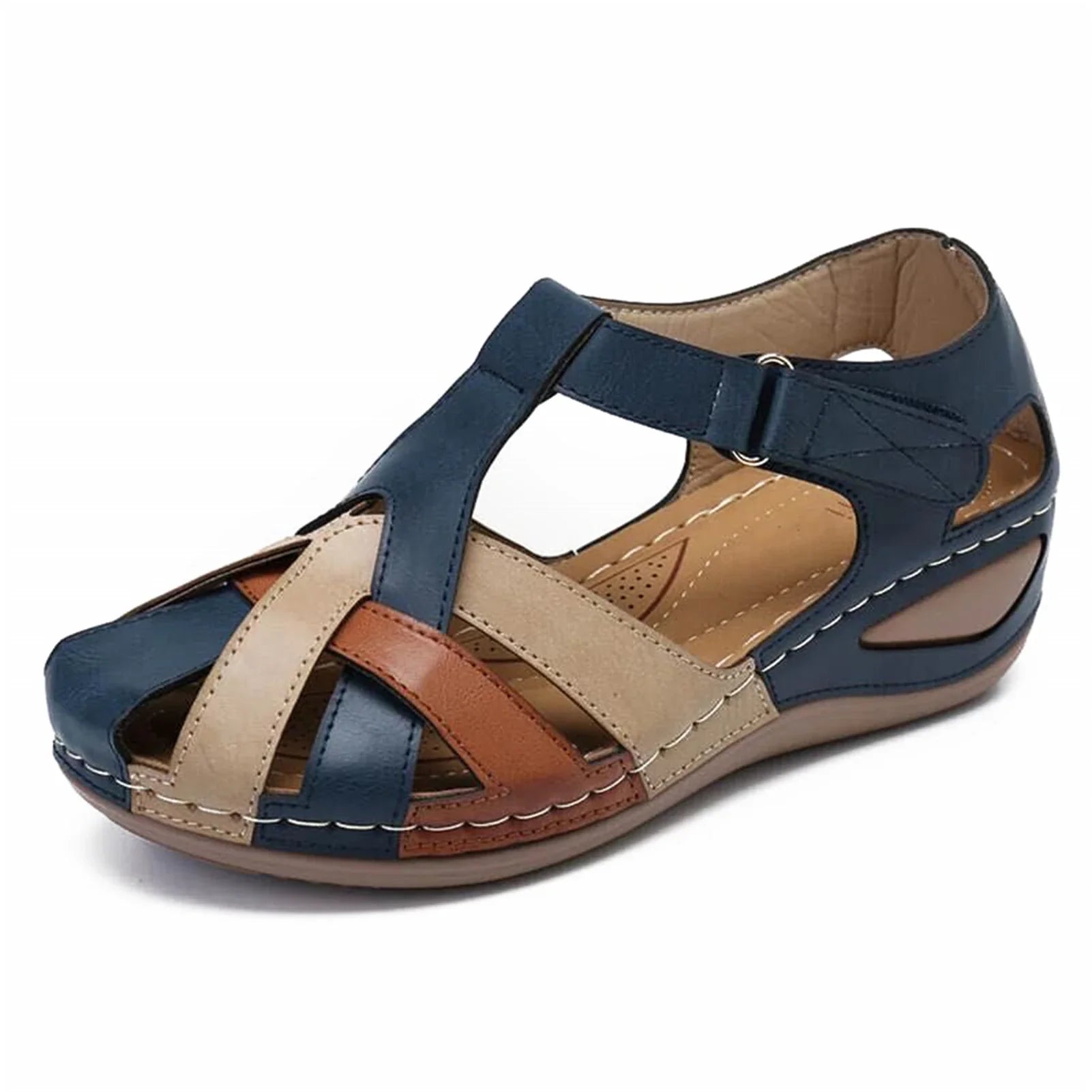 Showlu Fashion women's leather sandals, lightweight summer beach shoes with open-toe design and ankle straps, stylish and comfortable.