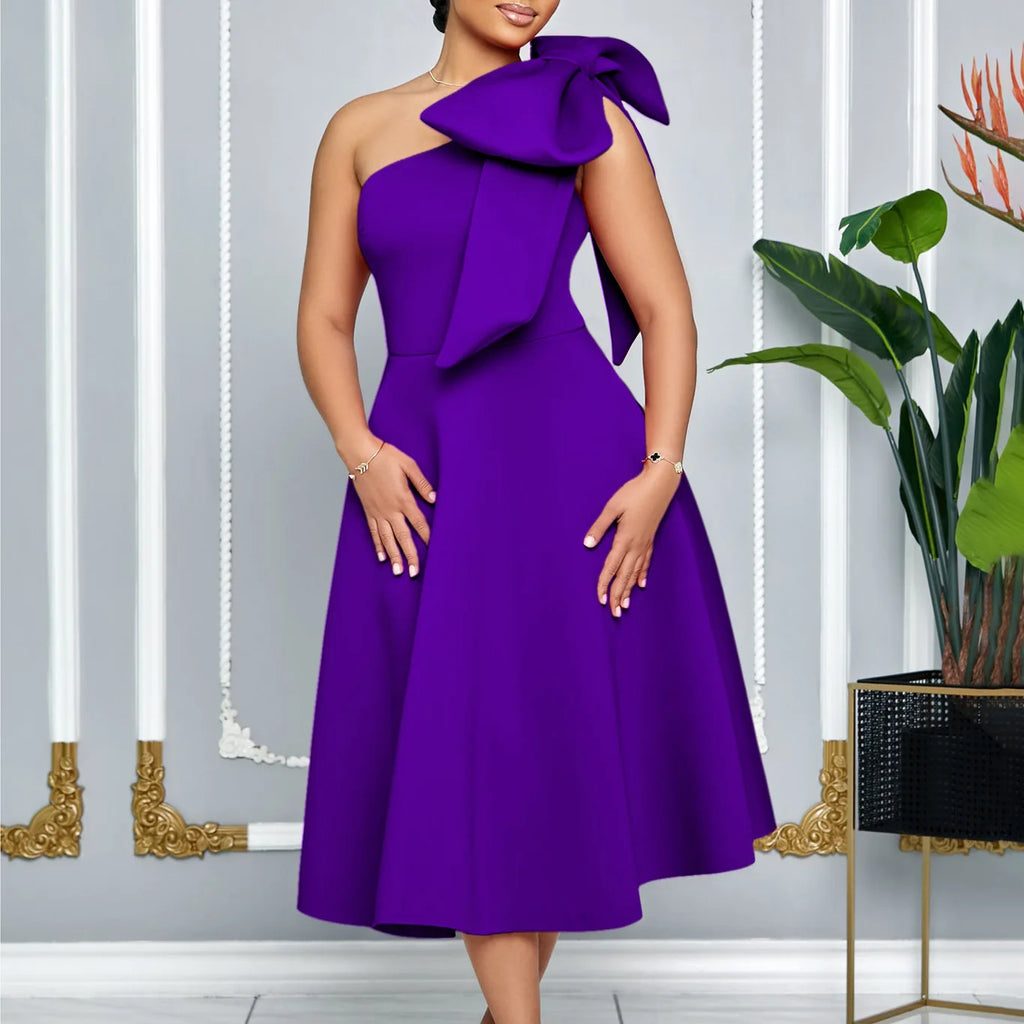 2024 new plus-size women's fashion skew shoulder bow banquet swing dress
