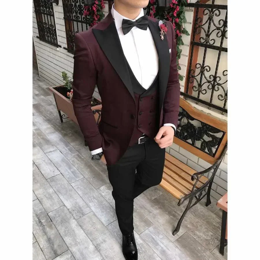 Men's olive green 3-piece slim fit formal tuxedo suit by SOLOVEDRESS, includes jacket, vest, and trousers for wedding or formal events.