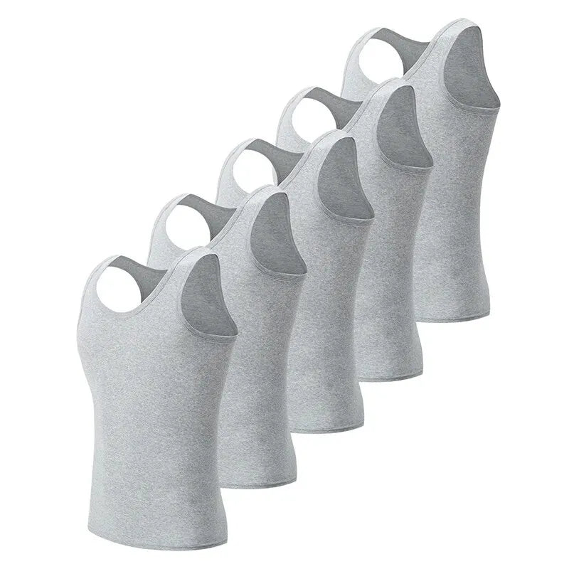 Set of five Showlu men's cotton tank tops in plus size, fitness vests, black and white, laid flat for display.