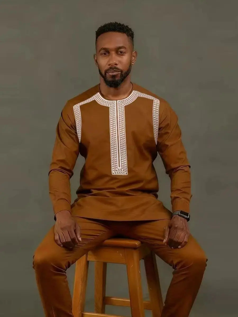 Showlu Men's African Kaftan Set made of cotton blend, 2-piece wedding suit with intricate embroidery and traditional design.