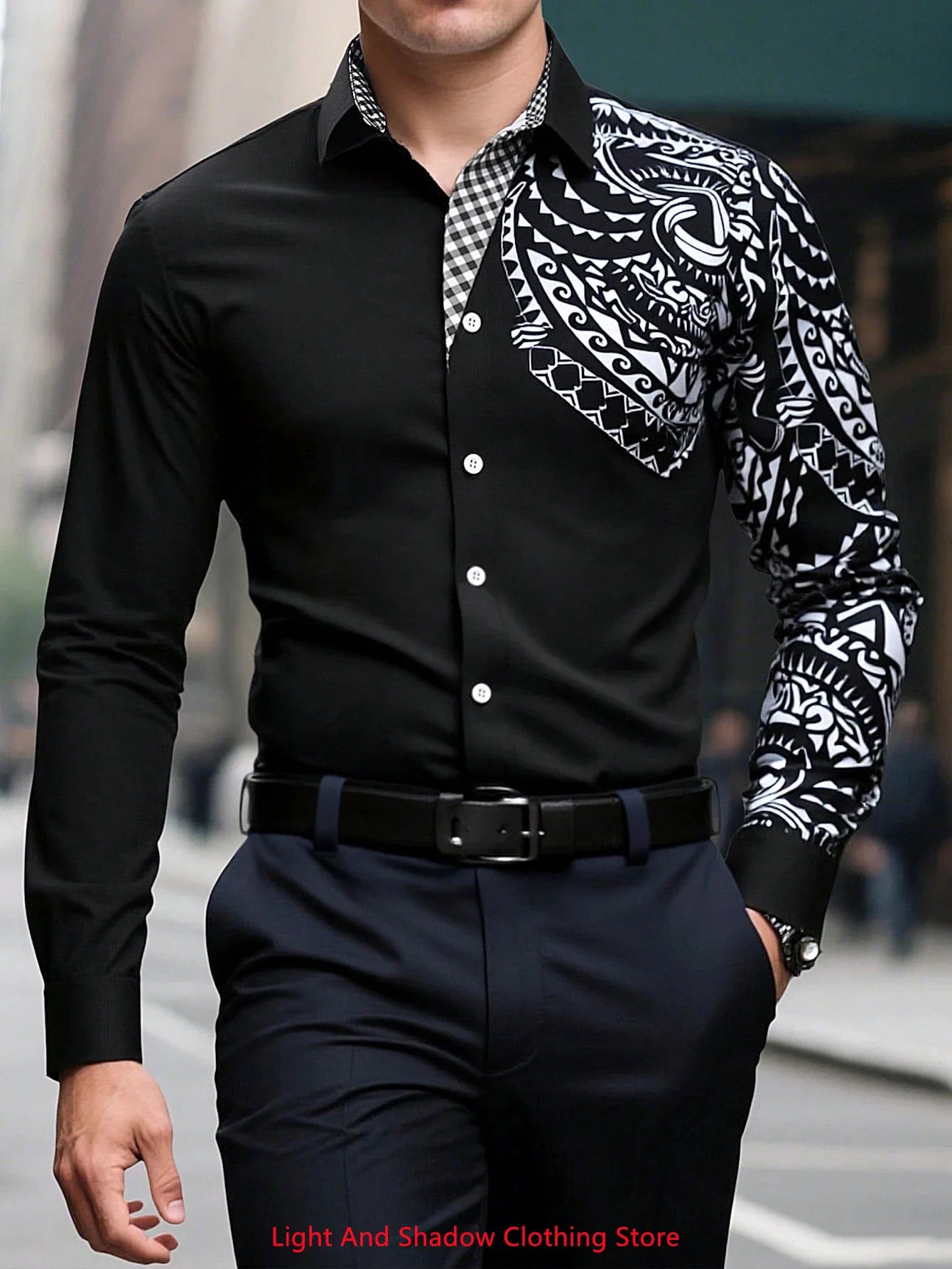 Men's casual long-sleeve shirt with printed collar, stylish and comfortable for business or social events, by Showlu Fashion.