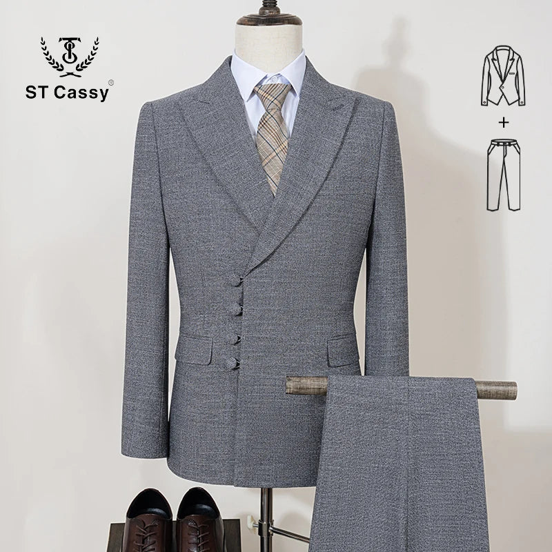 Black men's double-breasted slim fit wedding suit by Showlu Fashion, featuring a two-piece design with tailored details.